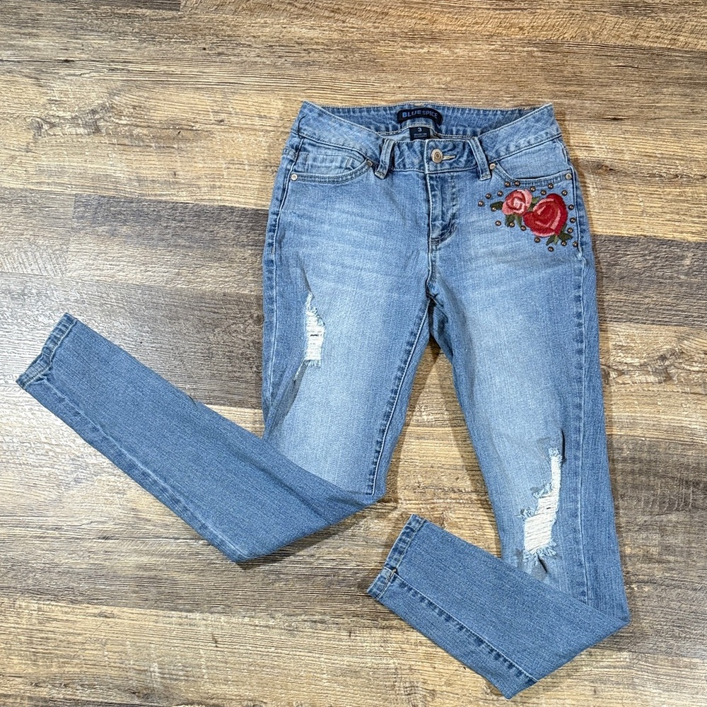 Blue Spice Skinny Jeans with Red Embroidery